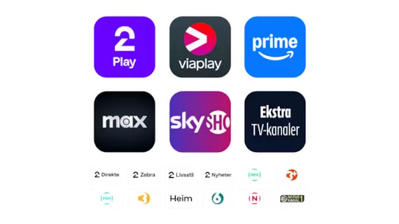 Bilde som viser logoene til TV 2 Play, Viaplay, Prime, Max, SkyShowtime og ekstra TV-kanaler i tillegg til de 12 TV-kanalene som er inkludert: TV 2 Direkte, TV 2 Zebra, TV 2 Livsstil, TV 2 Nyheter, Rex, 3+, Fem, TV 2, Heim, TV6, TV Norge og Naturkanal1.