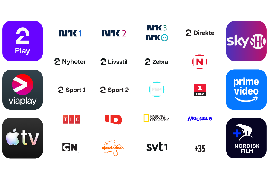 Dette bildet viser alle logoene som er inkludert i TV-pakken standard.