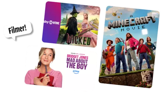 Filmer på streamingtjenester: Wicked (SkyShowtime), Minecraft: The Movie (HBO Max) og Bridget Jones: Mad About the Boy (Prime Video).