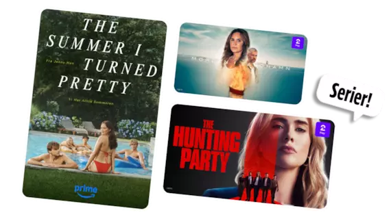 Serier på streamingtjenester: The Summer I Turned Pretty (Prime Video), Morden i Sandhamn (TV 2 Play) og The Hunting Party (TV 2 Play).