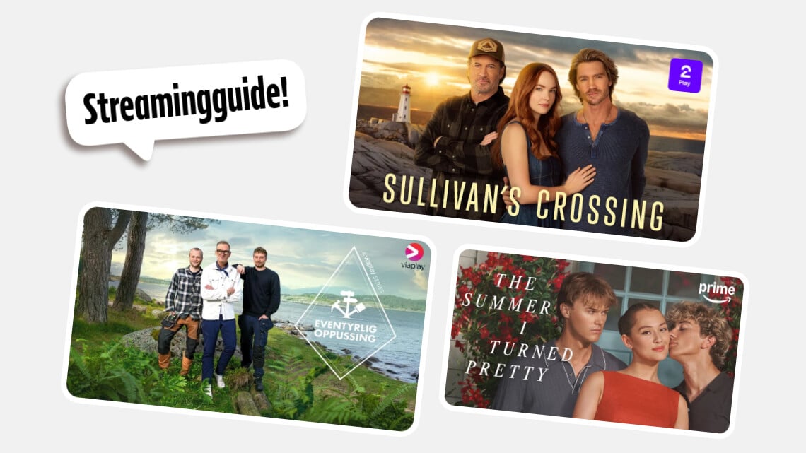 Bilde som viser en streamingguide med tre serier: Sullivan’s Crossing, Eventyrlig oppussing og The Summer I Turned Pretty.