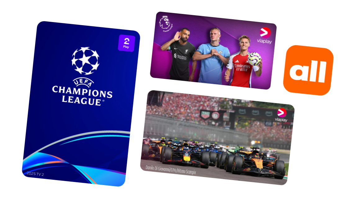 Med Allente har du tilgang til en verden av sport fra Viaplay, TV 2, Max sport og mange fler. Se Premier League, Champions League, Formel 1, hockey og mye mer.